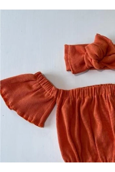 Kız Çocuk, Likralı Deri Fiyonk Detaylı Pantolon, Turuncu Straplez Crop Bluz Ve Saç Bandı Takımı. ürün görseli 1