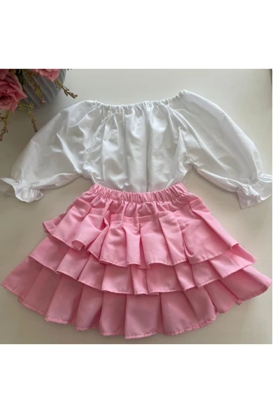 Kız Çocuk Pembe Fırfırlı Etek Balon Kol Bandana Set.-5 Yaş, ürün görseli 1