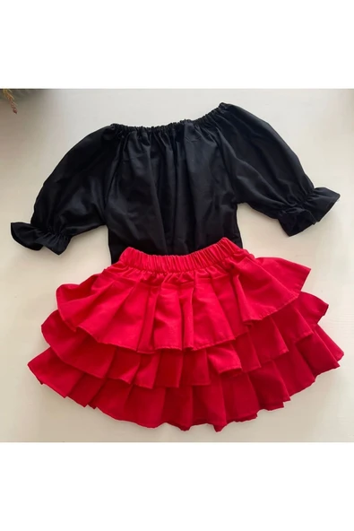 Kız Çocuk, Kırmızı Fırfırlı Etek, Balon Kol Siyah Bluz, Kırmızı Bandana Set.-12-18 Ay ürün görseli 1