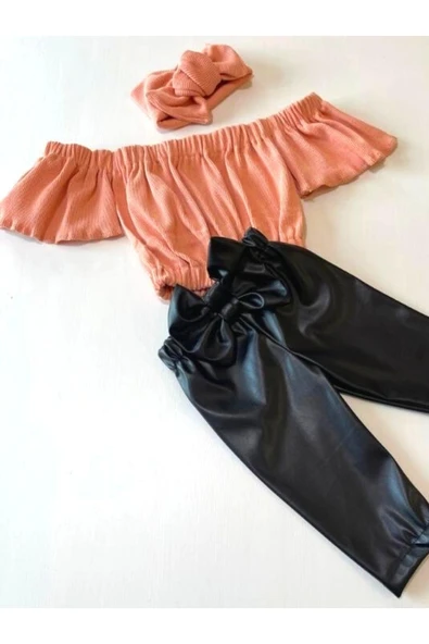 Çocuk, Likralı Deri Fiyonk Detaylı Pantolon, Somon Rengi Straplez Crop Bluz Ve Saç Bandı Takımı. ürün görseli 1