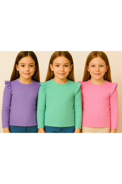 Kız Çocuk 3’lü Uzun Kollu Ribana Badi Seti -Mint, Pembe, Mor - Fırfır Detaylı Yumuşak ürün görseli 1