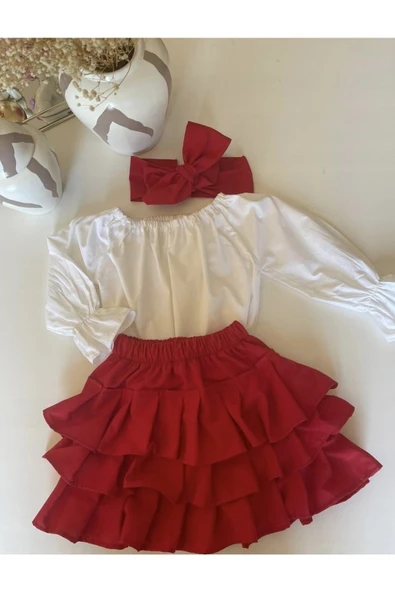Kız Çocuk Fırfırlı Kırmızı Etek, Beyaz Bluz Ve Bandana Takım-12-18 Ay ürün görseli 1