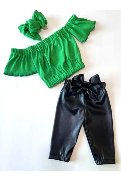 Kız Çocuk, Likralı Deri Fiyonk Detaylı Pantolon, Yeşil Straplez Crop Bluz Ve Saç Bandı Takımı. ürün görseli 1
