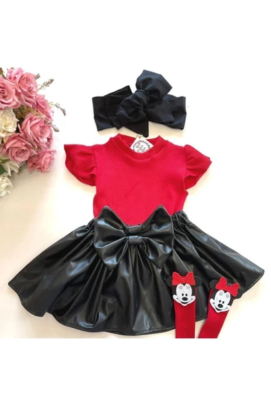 Kız Çocuk, Deri Fiyonklu Etek, Omuzları Fırfırlı Badi, Mikili Çorap, Siyah Bandana Takım, Set ürün görseli 1