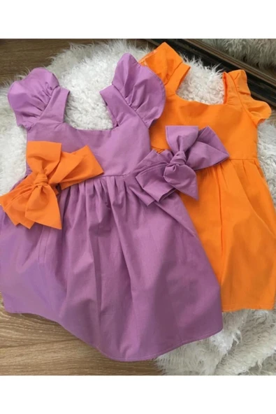 Kız Çocuk Turuncu Omuzları Fırfırlı Elbise ve Bandana Seti ürün görseli 1