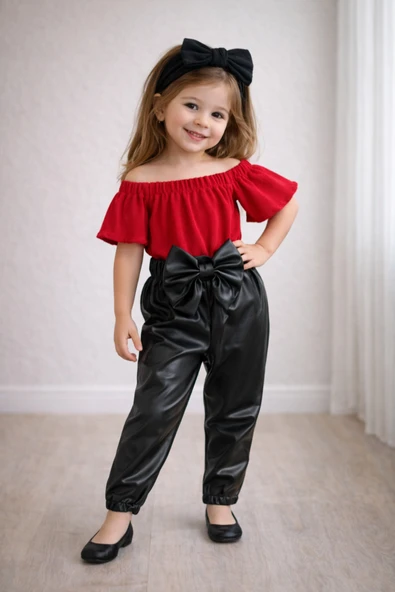 Kız Çocuk Likralı Deri Fiyonk Detaylı Pantolon Kırmızı Straplez Crop Bluz Ve Saç Bandı Takımı. ürün görseli 1
