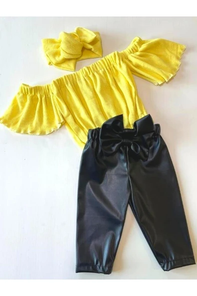 Kız Çocuk, Likralı Deri Fiyonk Detaylı Pantolon, Sarı Straplez Crop Bluz Ve Saç Bandı Takımı. ürün görseli 1