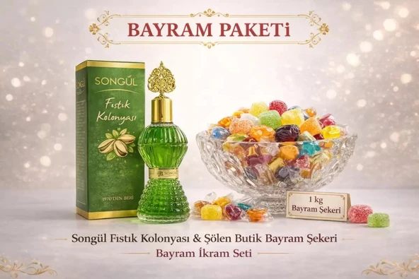 Songül Fıstık Kolonyası ve 1 Kg Şölen Bayram Şekeri Paketi | Karışık Sert ve Meyve Aromalı Jöle Şeker Misafir İkram Seti ürün görseli 1