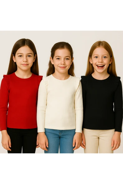 Kız Çocuk Kız Bebek 3lü Uzun Kollu Ribana Badi Seti 3 lü Badi Seti Fırfır Detaylı %100 Pamuk ürün görseli 1