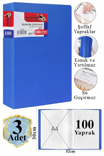 Mavi Sunum Dosyası 100 lü 3 Adet Poşet Dosyalı Katalog Dosyası 100 Poşetli Kendinden Dosya Plastik Kapaklı ürün görseli 1