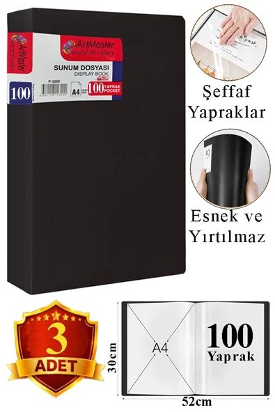 Siyah Sunum Dosyası 100 lü 3 Adet Poşet Dosyalı Katalog Dosyası 100 Poşetli Kendinden Dosya Plastik Kapaklı ürün görseli 1