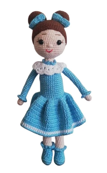 Kahverengi Saçlı Turkuaz Elbiseli Sude Bebek Amigurumi Organik Oyuncak ürün görseli 1