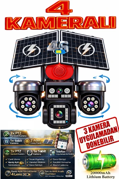 4 Kameralı (3 Motorlu+ 1 Sabit) 12mp E Sim 4g Sim Kartlı Ptz Kamera | Gece Renkli Görüş 4466 ürün görseli 1