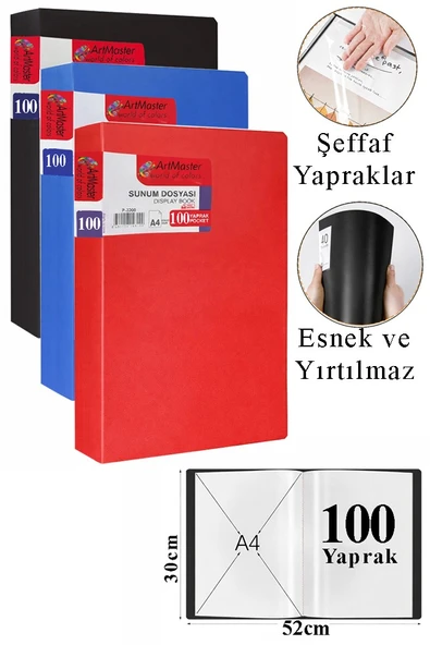 Siyah Mavi Kırmızı Sunum Dosyası 100 lü 3 Adet Poşet Dosyalı Katalog Dosyası 100 Poşetli Kendinden Dosya Plastik Kapaklı ürün görseli 1