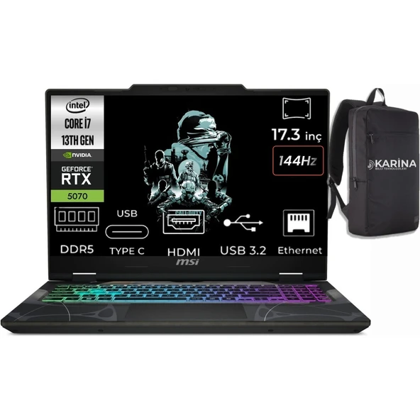 Msı Cyborg 17 Intel Core I7 13620H B13WGKG-251XTR-K11 16GB 1tb RTX5070 8gb W11PRO 17.3" Fhd 144Hz Gaming Laptop & Karina Çanta ürün görseli 1
