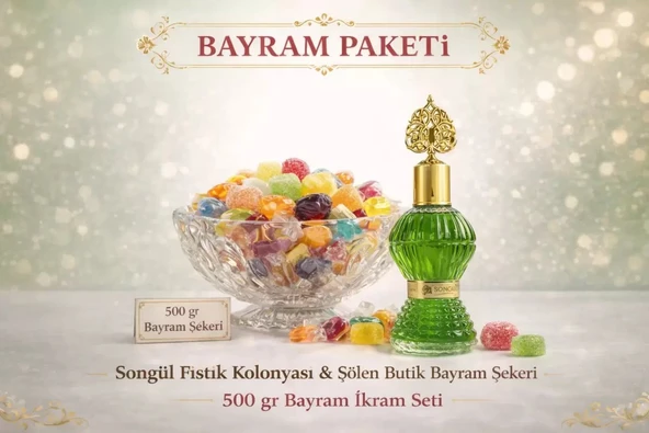 Songül Fıstık Kolonyası ve 500 gr Şölen Bayram Şekeri Paketi | Karışık Sert ve Meyve Aromalı Jöle Şeker Bayram Misafir İkram Seti ürün görseli 1