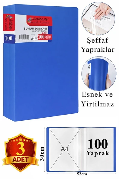 Mavi Sunum Dosyası 100 lü 3 Adet Poşet Dosyalı Katalog Dosyası 100 Poşetli Kendinden Dosya Plastik Kapaklı ürün görseli 1