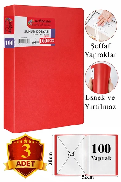 Kırmızı Sunum Dosyası 100 lü 3 Adet Poşet Dosyalı Katalog Dosyası 100 Poşetli Kendinden Dosya Plastik Kapaklı ürün görseli 1