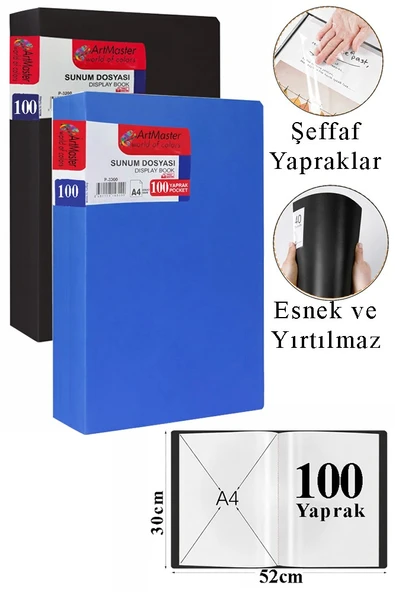Siyah Mavi Sunum Dosyası 100 lü 2 Adet Poşet Dosyalı Katalog Dosyası 100 Poşetli Kendinden Dosya Plastik Kapaklı ürün görseli 1