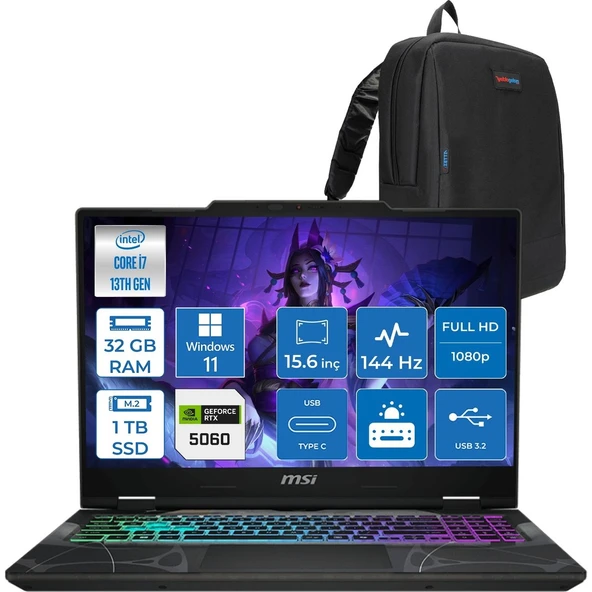 Msı Cyborg 15 Intel Core I7 13620H 32GB Ddr5 1tb SSD RTX5060 Gddr7 8gb Windows 11 Home 15.6" Fullhd (1920X1080) 144HZ IPS Taşınabilir Bilgisayar B13WFKG490XTRH13 + Zetta Çanta ürün görseli 1