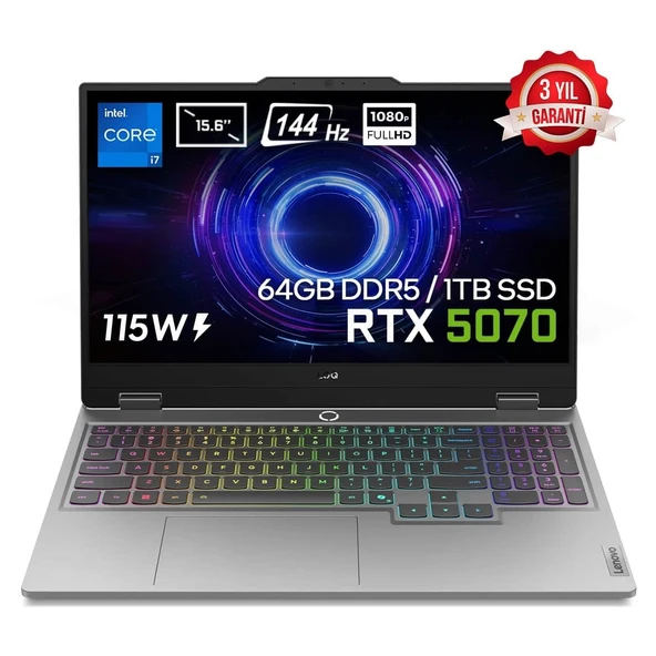 LOQ 15IRX10 Intel Core i7-13650HX 64GB DDR5 1TB SSD RTX 5070 8GB 115W 15.6 inç Full HD 144Hz IPS FreeDos Gaming Laptop (83JE00EWTRv6) ürün görseli 1
