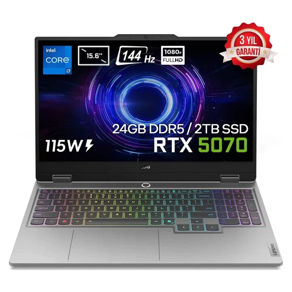 Loq 15IRX10 Intel Core I7-13650HX 24GB Ddr5 2tb SSD RTX5070 8gb 115W 15.6 Inç Full Hd 144Hz IPS Freedos Gaming Laptop (83JE00EWTRV1) ürün görseli 1