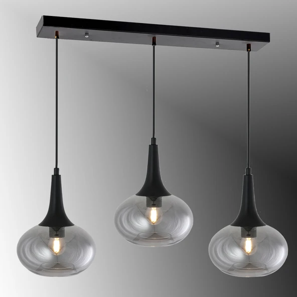 TT602-3S-SY-FÜME TT Aydınlatma Mat Siyah - Füme 3 lü Hunili Tombul Camlı Sıralı Avize ürün görseli 1