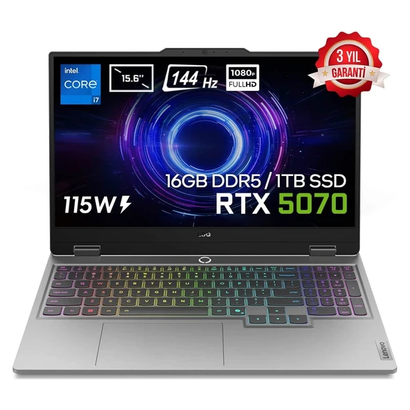 Loq 15IRX10 Intel Core I7-13650HX 16GB Ddr5 1tb SSD RTX5070 8gb 115W 15.6 Inç Full Hd 144Hz IPS Freedos Gaming Laptop (83JE00EWTRV2) ürün görseli 1