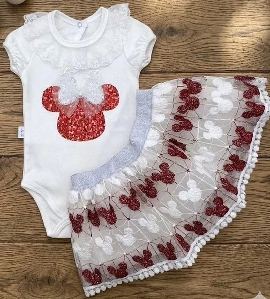 Mickey Payet Nakışlı Brode Etekli Kız Bebek Özel Gün Takımı - Kırmızı ürün görseli 1
