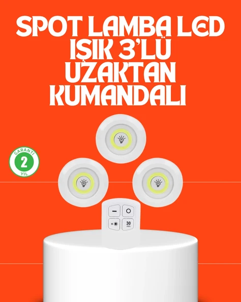 Kablosuz 3 Lü Spot Led Lamba Seti Uzaktan Kumandalı Tasarruflu Aydınlatma ürün görseli 1
