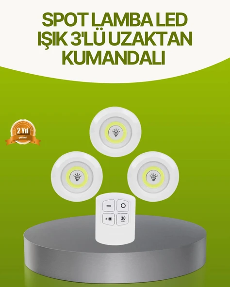 Uzaktan Kumandalı 3 Lü Kablosuz Led Spot Lamba Seti Yapışkanlı Pratik Kullanım P199484S2766 ürün görseli 1