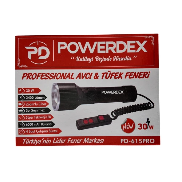 POWERDEX 30w Şarjlı Ledli Profesyonel Avcı Tüfek El Feneri 2400Lm 26650 Pil 6000mAh 3.7v IP65 ürün görseli 1