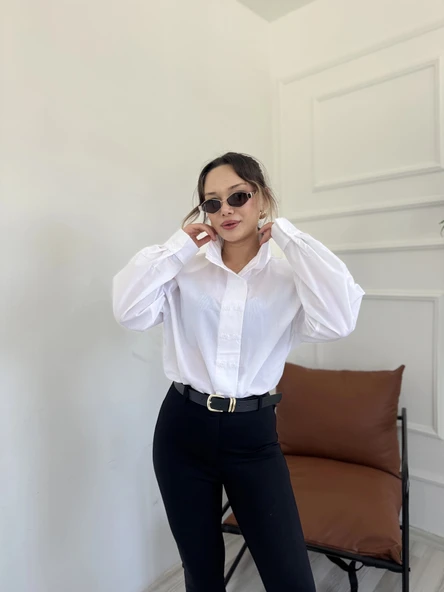 Kadın Oversize Dik Yaka Gömlek Beyaz - Resim 3