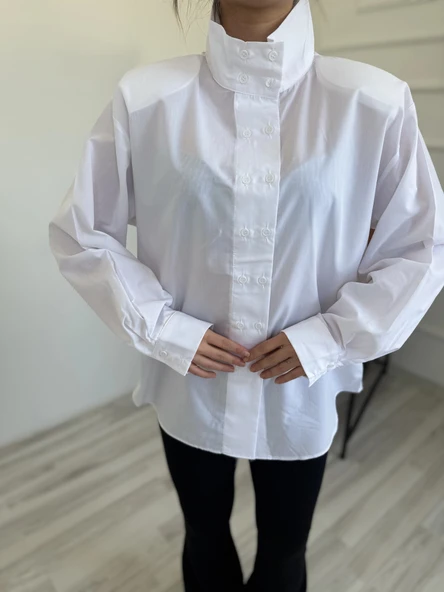 Kadın Oversize Dik Yaka Gömlek Beyaz - Resim 4