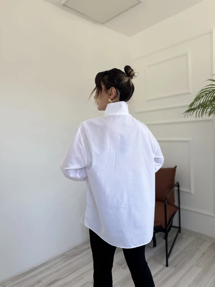 Kadın Oversize Dik Yaka Gömlek Beyaz - Resim 5