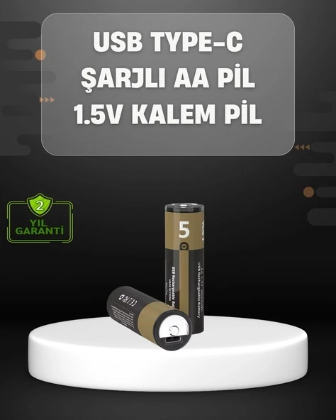 USB Type-C Girişli Şarjlı AA Lityum Pil | 1.5V Sabit Çıkış | 3200mWh (2'li Paket) ürün görseli 1
