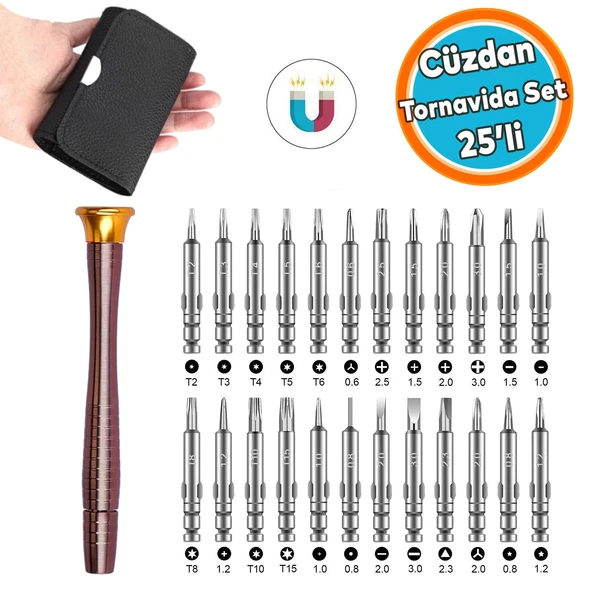 Çantalı Mıknatıslı Saatçi Tornavida 25 'li Set Tork Yıldız Düz Üçgen İnce uç Küçük Vida Tornavidası ürün görseli 1