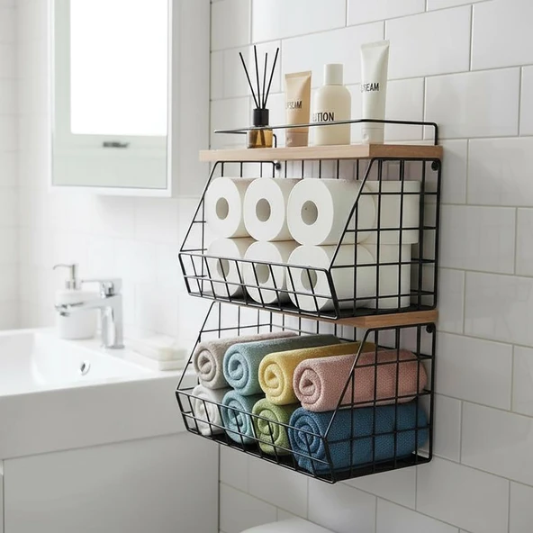 2 Raflı Ahşap Bambu Raflı Banyo Organizeri - Duvara Monte Edilebilir ve Tezgah Üstünde Kullanılabilir, Siyah, 31x23 cm ürün görseli 1