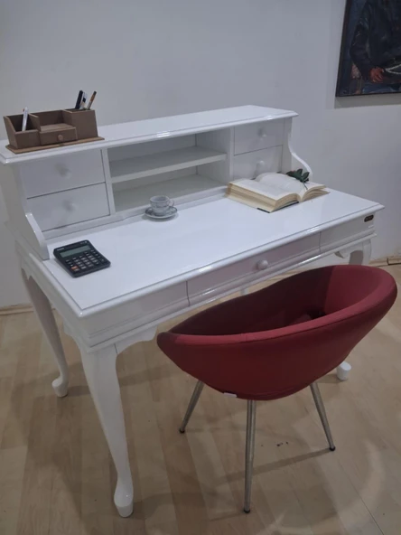 Çalışma Masa Sandalye 90658 Model Parlak Beyaz Lake Boyalı Masa Tombik Sandalye Suni Deri ürün görseli 1