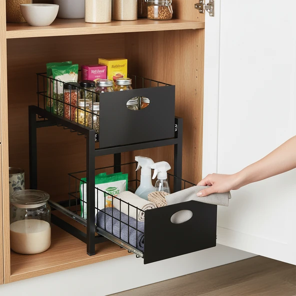 Siyah 2 Çekmeceli Organizer Sepet – 25x42 cm, Raylı Sistem, Çok Amaçlı Kullanım ürün görseli 1