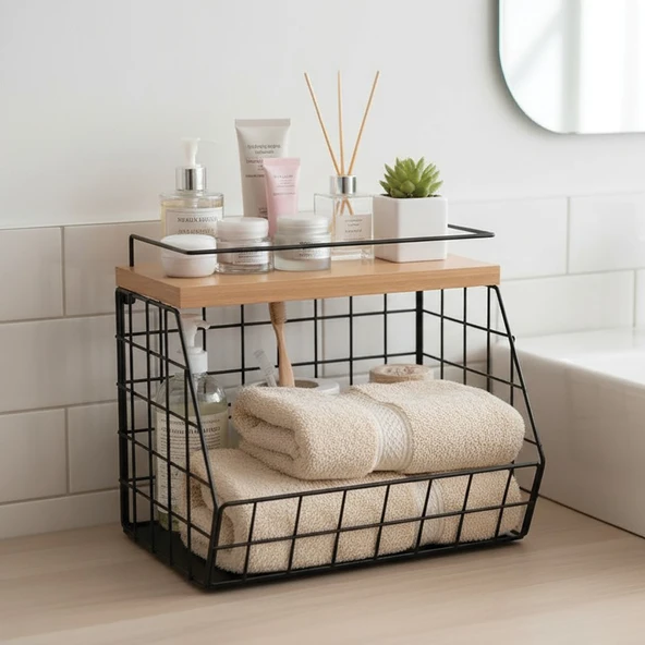Ahşap Bambu Raflı Banyo Organizeri - Duvara Monte Edilebilir ve Tezgah Üstünde Kullanılabilir, Siyah, 31x23 cm ürün görseli 1
