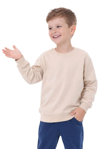 Unisex Çocuk Basic Düz Fırçalı %100 Pamuk Sweatshirt - Resim 2