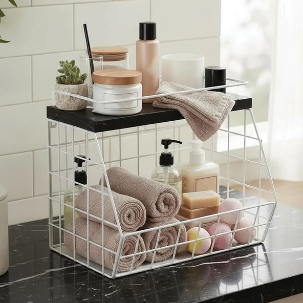Ahşap Mermer Raflı Banyo Organizeri - Duvara Monte Edilebilir ve Tezgah Üstünde Kullanılabilir, Beyaz, 31x23 cm ürün görseli 1