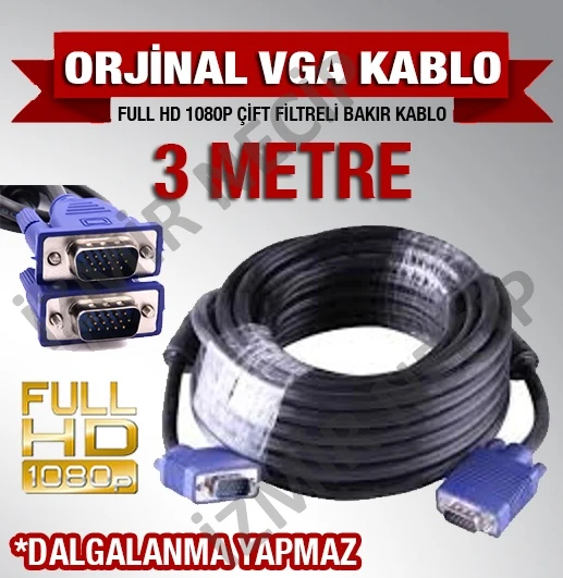 Vga To Vga Erkek Erkek Kablo 3 Metre Kaliteli Kalin ürün görseli 1