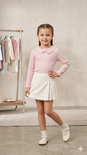 Kız Çocuk Kalp Desen Gabardin Şort Etek Takım DMB-9957 ürün görseli 1