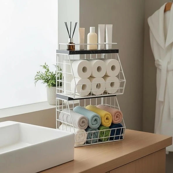 2 Raflı Ahşap Mermer Raflı Banyo Organizeri - Duvara Monte Edilebilir ve Tezgah Üstünde Kullanılabilir, Beyaz, 31x23 cm ürün görseli 1