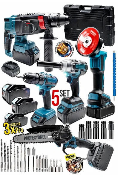 Moonshop Profesyonel Şarjlı Darbeli 5'li Set 2-26 Hilti 125mm Taşlama 13mm Matkap 650nm Somun Sökme Dal Budam ürün görseli 1