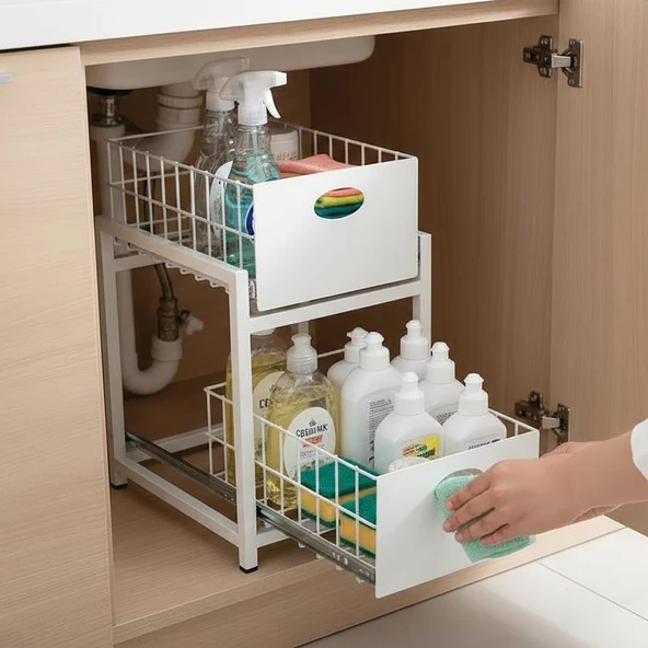 Beyaz 2 Çekmeceli Organizer Sepet – 25x42 cm, Raylı Sistem, Çok Amaçlı Kullanım ürün görseli 1