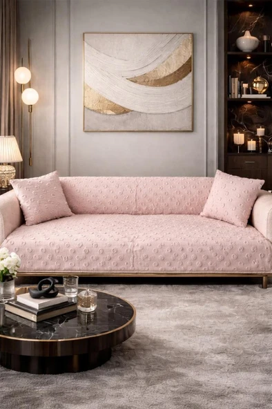 Konik Kırlent Kılıfı Hediyeli 170x210 cm Pamuklu Koltuk Örtüsü Pudra ürün görseli 1