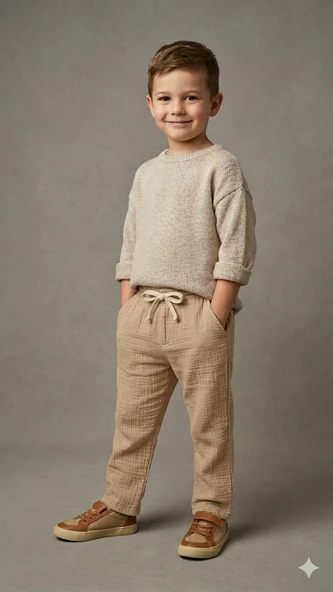 Erkek Çocuk Beli Lastikli Müslin Kot Pantolon ürün görseli 1
